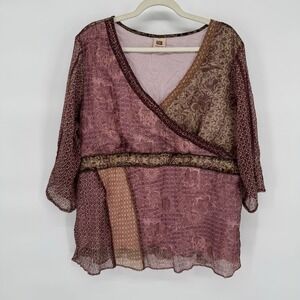 Boho Fairy Top Patchwork 1X Hippie Babydoll Flowy Feminine Chiffon Floral Sheer